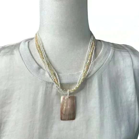 Abalone pendant on white and cream multi strand necklace 17” - Picture 1 of 3
